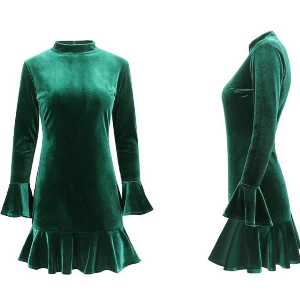 Ruffle Long sleeves Velvet Mini Dress